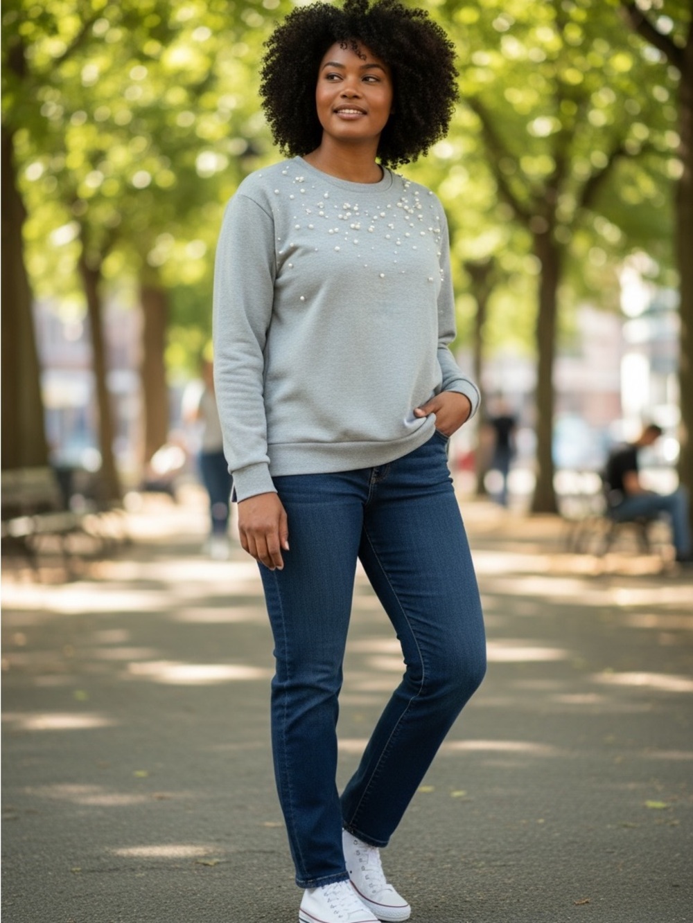 Lane Bryant Sz 14/16 1X Gray Scattered Pearl Embellished Crewneck Sweatshirt
